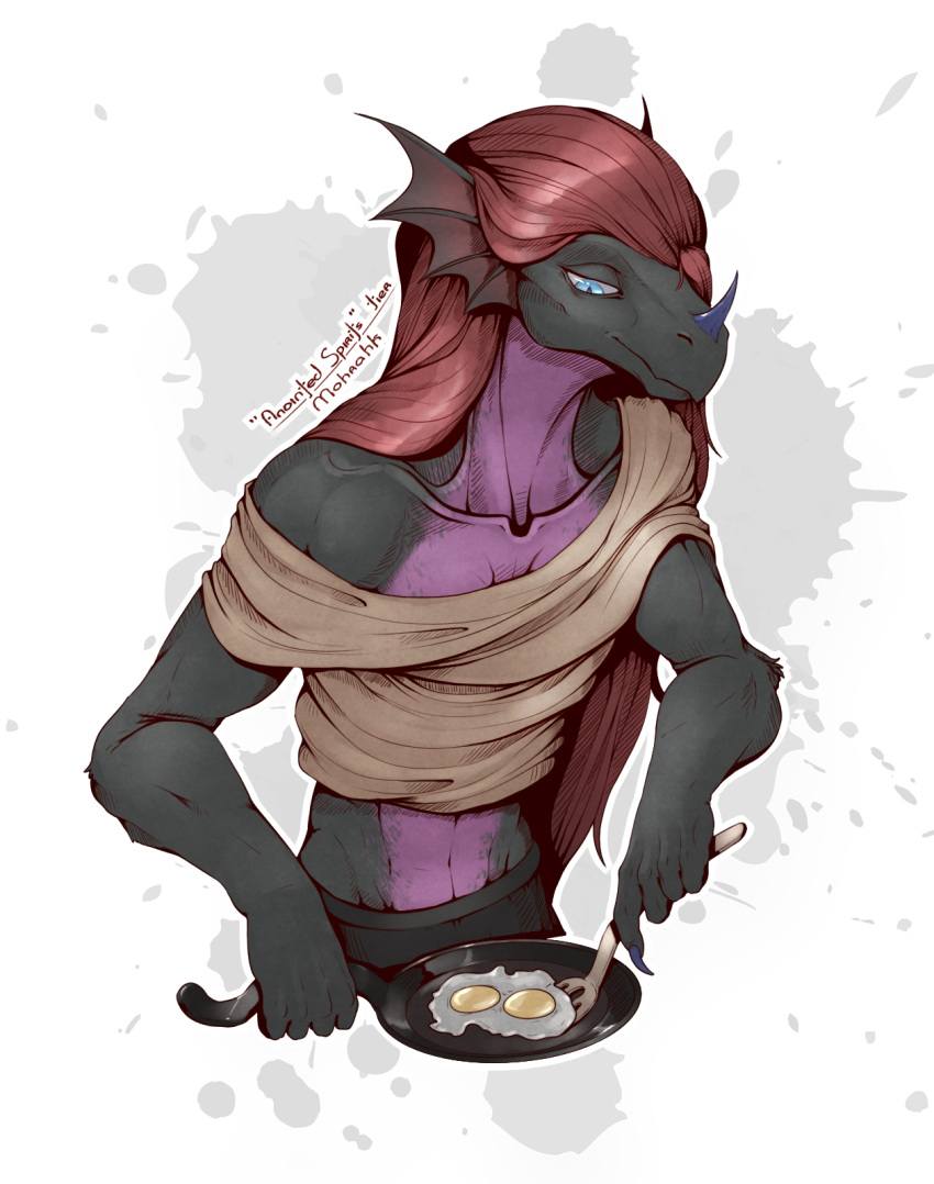 ambiguous_gender anthro claws clothed clothing cooking cookware dragon egg frying_pan gift hair hi_res horn kitchen_utensils kredri simple_background smile solo tools