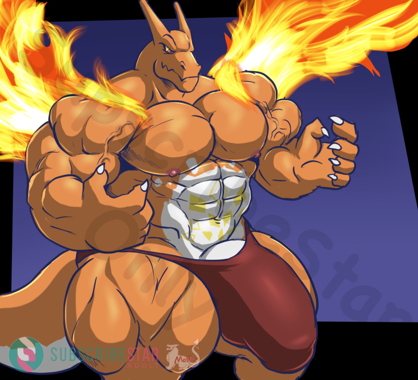 5_fingers abs anthro areola biceps big_penis biped bulge claws countershade_tail countershade_torso countershading fingers genitals gigantamax_charizard gigantamax_pokemon hi_res huge_penis male masterelrest muscular muscular_anthro muscular_male nintendo nipples orange_body pecs penis pokemon pokemon_(species) solo tail vein veiny_muscles