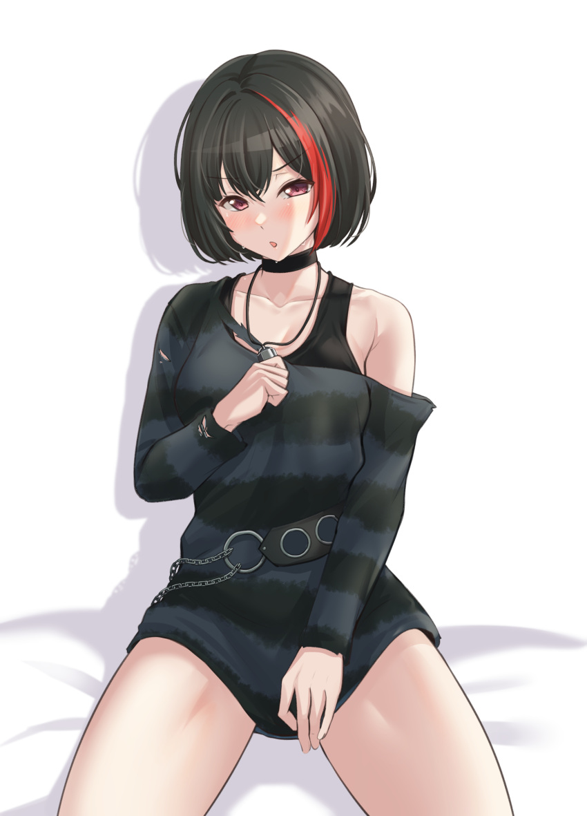 1girl absurdres armpit_crease bang_dream! bangs bed_sheet belt black_belt black_hair black_shirt black_tank_top blush breasts chain collarbone commentary cowboy_shot drop_shadow hair_between_eyes hand_on_own_thigh hand_up highres holding holding_jewelry holding_necklace jewelry lock long_shirt long_sleeves looking_at_viewer medium_breasts mitake_ran multicolored_hair necklace o-ring o-ring_belt off_shoulder padlock parted_lips pendant pink_eyes ptal red_hair shirt short_hair single_bare_shoulder sitting solo streaked_hair striped striped_shirt sweat tank_top torn_clothes torn_shirt two-tone_hair v-shaped_eyebrows white_background