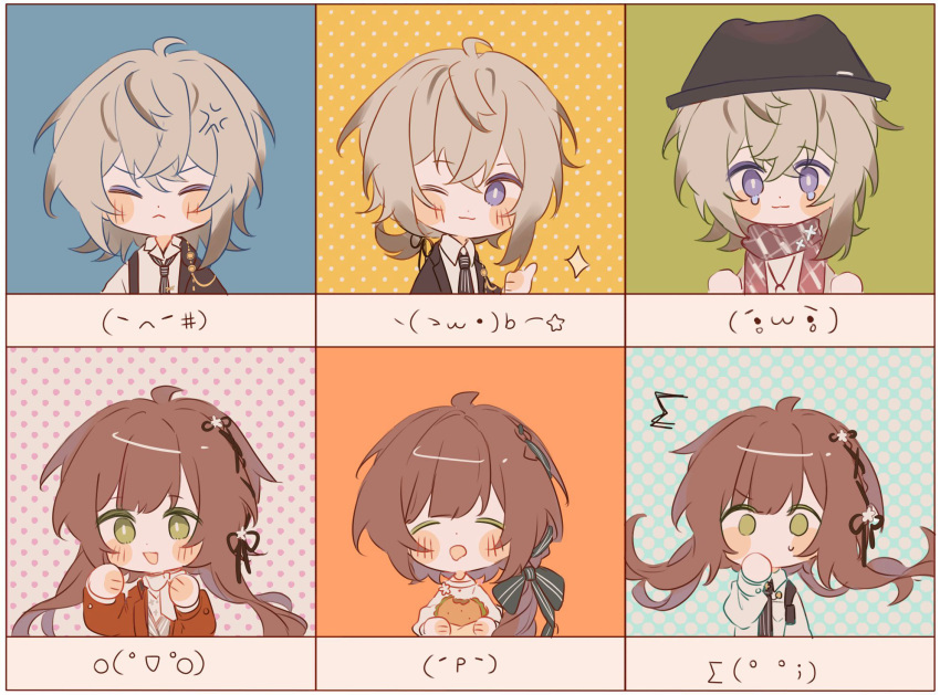 1boy 1girl blush brown_hair chibi closed_eyes closed_mouth collar_x_malice emoticon expressionless facing_viewer green_eyes grey_hair highres hoshino_ichika_(collar_x_malice) long_hair looking_at_viewer okazaki_kei one_eye_closed open_mouth purple_eyes short_hair w047 white_hair