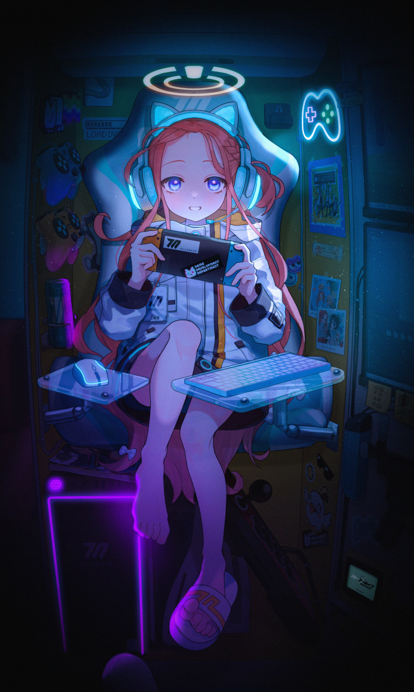 13_(spice!!) 1girl absurdres air_conditioner animal_ear_headphones animal_ears arcade_stick bare_legs blue_archive blue_eyes blush braid cat_ear_headphones chair controller cpu dark_background energy_drink fake_animal_ears game_controller gaming_chair gun halo handheld_game_console hands_up headphones highres holding holding_handheld_game_console in_locker indoors jacket joystick keyboard_(computer) legs long_hair long_sleeves looking_at_viewer magazine_(object) messy_hair mouse_(computer) neon_lights nyan_cat photo_(object) red_hair sandals screen sitting smile solo sticker submachine_gun swivel_chair thighs weapon white_footwear white_jacket yuzu_(blue_archive)