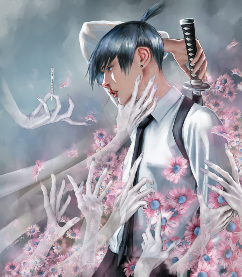 1boy 1other arm_up artist_name black_hair black_necktie blood blood_on_face chainsaw_man cigarette earrings flower ghost ghost_devil_(chainsaw_man) hayakawa_aki highres holding holding_cigarette injury jewelry katana multiple_hands necktie nosebleed nurumayuart open_mouth sheath sheathed shirt short_hair sword sword_behind_back topknot weapon white_shirt