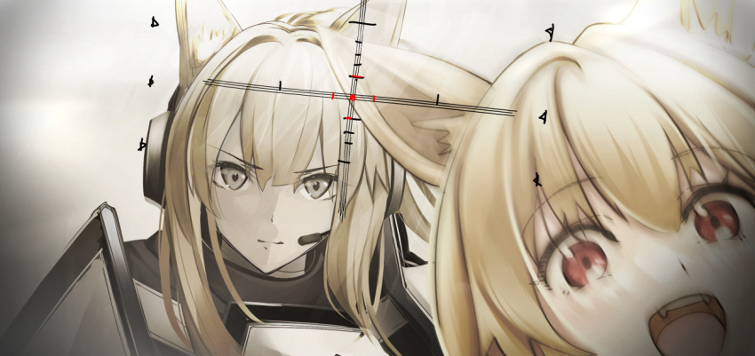 2girls :d animal_ears arknights armor blonde_hair ceobe_(arknights) commentary_request fangs grey_eyes headset long_hair multiple_girls nearl_(arknights) open_mouth red_eyes shoulder_armor smile yokaze_(yokajie)