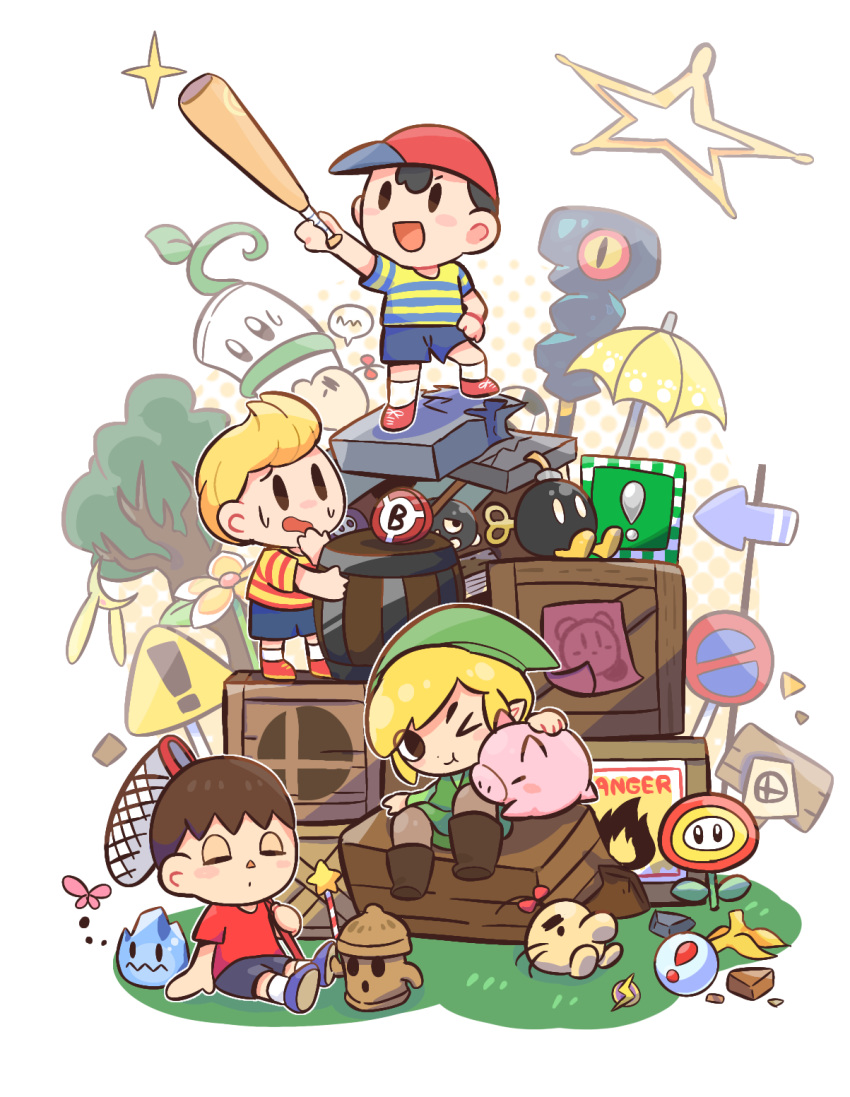 !_block &gt;_o 4boys :d :o animal_crossing animal_ears arrow_(symbol) ball bana_(bana_bilibili) banana_peel barrel baseball_bat baseball_cap black_shorts blonde_hair blue_footwear blue_shirt blue_shorts blush blush_stickers bob-omb boots box brown_footwear brown_hair bug bullet_bill butterfly butterfly_net closed_eyes closed_mouth commentary_request copyright_request crate doseisan fake_animal_ears fire_flower flower freezie grass green_headwear green_tunic gyroid_(animal_crossing) hand_net hat highres holding holding_baseball_bat holding_butterfly_net holding_wand kid_icarus kid_icarus_uprising kirby kirby_(series) launch_star_(mario) link lloid lucas_(mother_3) mario_(series) metroid mother_(game) mother_2 mother_3 multiple_boys ness_(mother_2) no_entry_sign one_eye_closed open_mouth ore_club_(kid_icarus) panel_de_pon paper pig plant quiff rabbit_ears red_headwear red_shirt road_sign rock sandbag_(smash_bros) shirt shoes short_hair short_sleeves shorts sign simple_background sitting smart_bomb_(star_fox) smash_ball smile soccer_ball socks solid_oval_eyes sparkle speech_bubble standing star_(symbol) star_fox star_rod star_wand striped striped_shirt super_smash_bros. sweatdrop t-shirt the_legend_of_zelda the_legend_of_zelda:_the_wind_waker toon_link tree tunic two-tone_shirt umbrella villager_(animal_crossing) vines wand warning_sign white_background white_socks wooden_box yellow_shirt yellow_umbrella