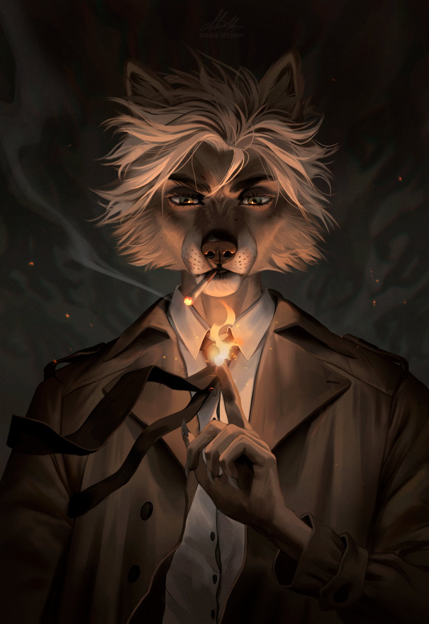 absurd_res anthro artist_name black_nose brown_clothing brown_jacket brown_topwear cigarette cigarette_in_mouth clothed clothing elemental_manipulation fire fire_manipulation front_view fur glistening glistening_eyes hair half-length_portrait hi_res jacket male marie_merkh messy_hair narrowed_eyes object_in_mouth portrait short_hair signature smoking solo tan_body tan_fur topwear white_clothing white_hair white_topwear