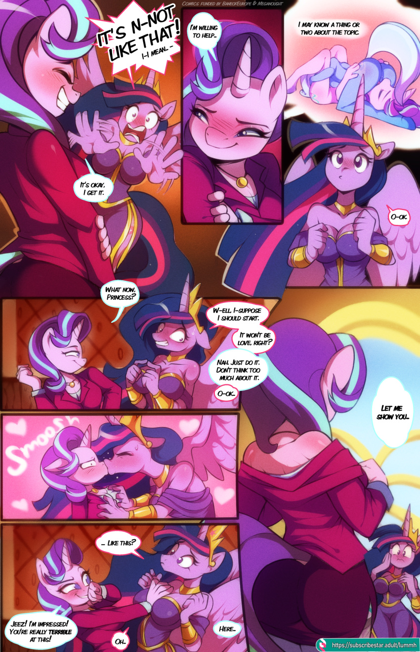 2023 anthro blush breasts chilllum clothed clothing collaboration comic dialogue digital_media_(artwork) duo english_text equid equine feathered_wings feathers female female/female friendship_is_magic fur hair hasbro hi_res horn magic mammal multicolored_hair my_little_pony princess_twilight_sparkle_(mlp) purple_body purple_fur purple_hair shaded signature speech_bubble starlight_glimmer_(mlp) text trixie_(mlp) twilight_sparkle_(mlp) two_tone_hair undressing unicorn wildblur winged_unicorn wings