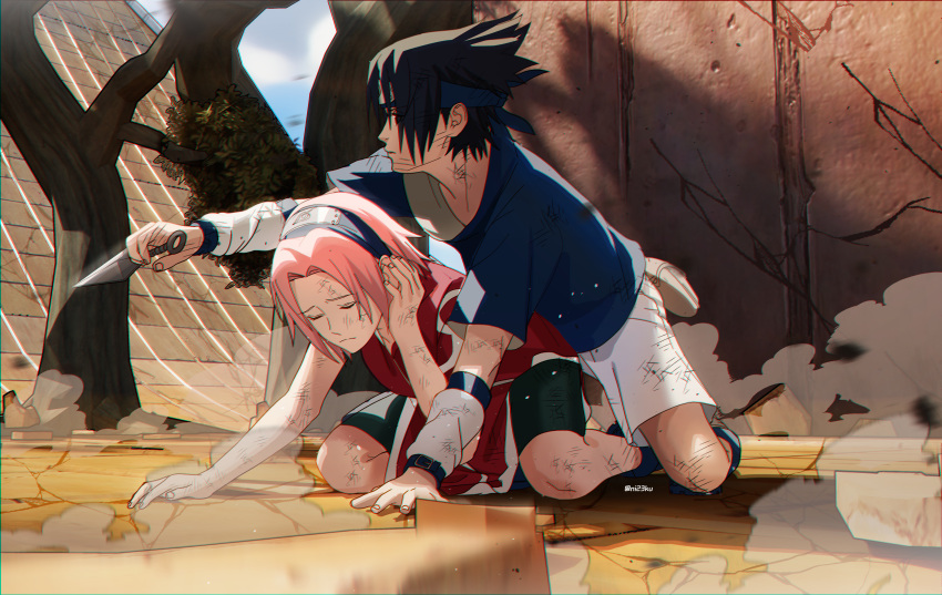 1boy 1girl absurdres bike_shorts black_eyes black_hair blue_headband chinese_commentary closed_eyes commentary_request dirty forehead_protector frown hairband headband highres kinomoto_sakura konohagakure_symbol kunai naruto naruto_(series) niku_(ni23ku) pink_hair protecting reverse_grip smoke tree uchiha_sasuke weapon