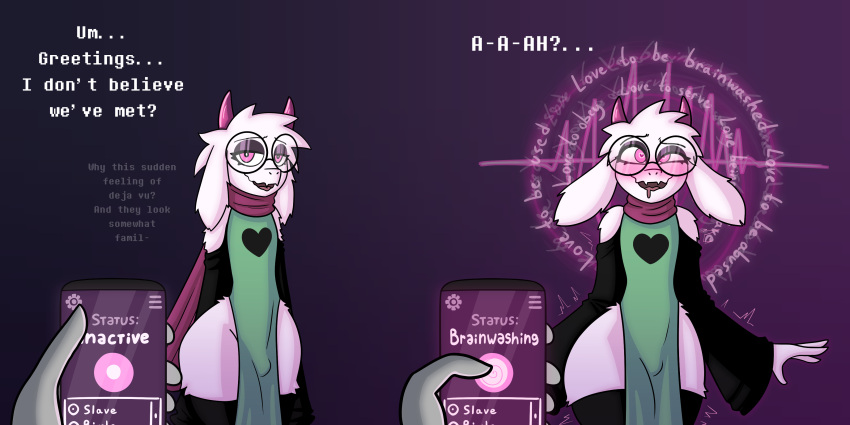 &lt;3 &lt;3_eyes absurd_res anthro blush bodily_fluids bovid bulge caprine clothed clothing deltarune dialogue drooling english_text eyewear freemindstuff fur girly glasses goat hi_res horn hypnosis legwear makeup male mammal mind_control phone pink_eyes ralsei robe saliva scarf skimpy sleeves smile smiling_at_viewer solo surprised_expression text thick_thighs thigh_highs undertale_(series) white_body white_fur wide_hips