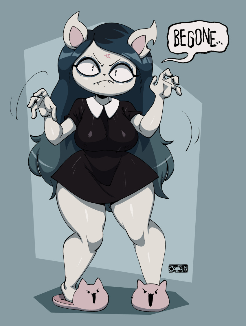 anthro breasts cartoon_hangover claire_(the_summoning) clothing cute_fangs dialogue domestic_cat dress english_text felid feline felis female hi_res joaoppereiraus looking_at_viewer mammal notched_ear pentagram slippers solo talking_to_viewer text the_summoning thick_thighs wide_hips