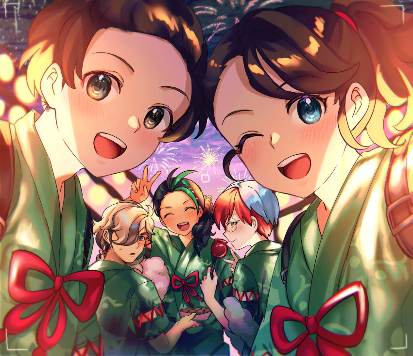 2boys 3girls :d ;d absurdres arven_(pokemon) asada_sadao bangs blush brown_eyes brown_hair candy_apple closed_mouth commentary_request cotton_candy eyelashes fireworks florian_(pokemon) food glasses green_jacket highres holding jacket juliana_(pokemon) multicolored_hair multiple_boys multiple_girls nemona_(pokemon) night one_eye_closed open_mouth outdoors penny_(pokemon) pokemon pokemon_(game) pokemon_sv ponytail red_hair round_eyewear short_hair smile teeth two-tone_hair upper_teeth_only v