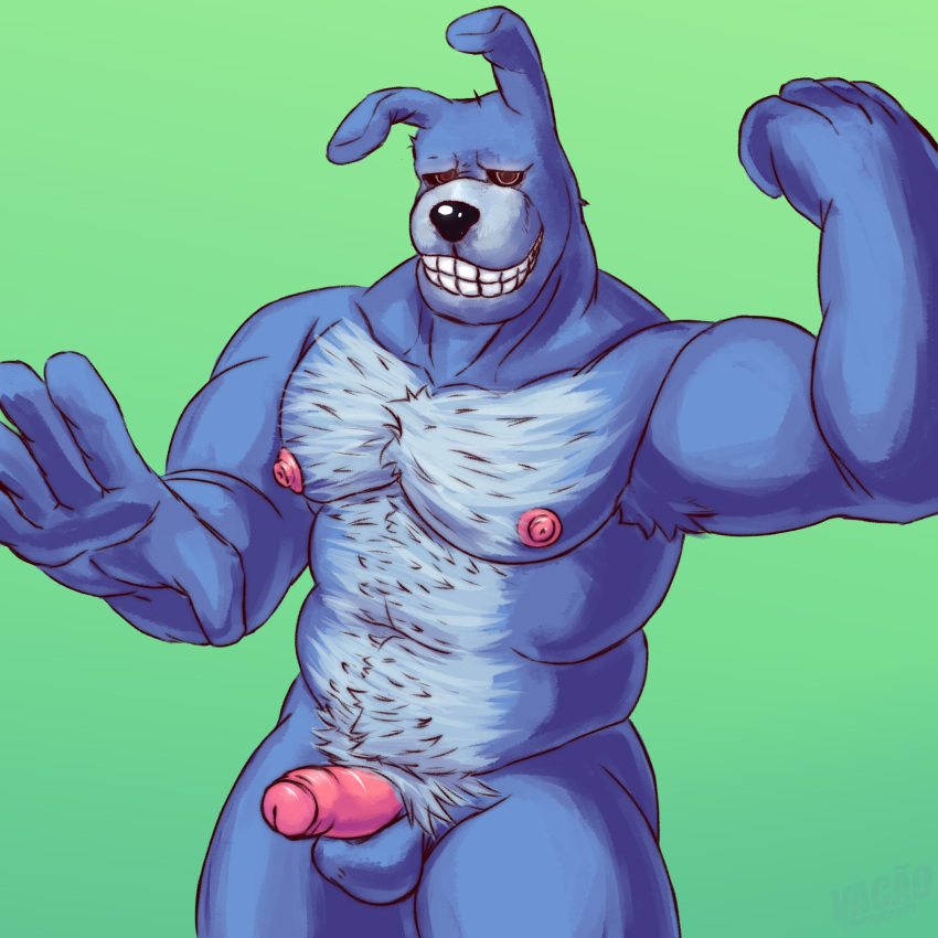 absurd_res anthro armpit_hair balls biceps blue_body blue_fur body_hair bonnie_(fnaf) chest_hair erection five_nights_at_freddy's foreskin fur genitals grey_body grey_fur grey_hair hair hi_res human lagomorph leporid male mammal muscular muscular_anthro muscular_male nipples nude pecs penis pubes rabbit red_eyes scottgames simple_background smile solo vacaocomtil verydarkholes