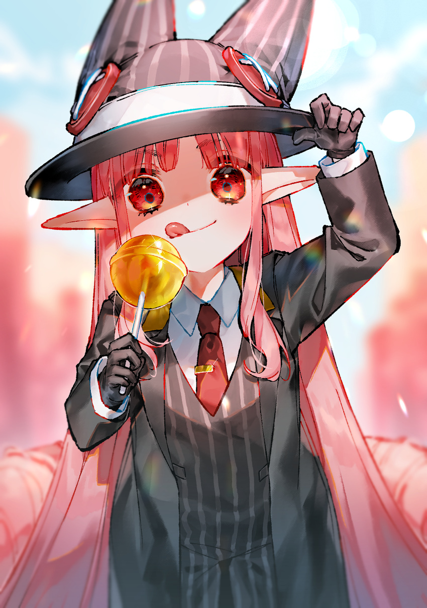 1girl black_gloves blurry blurry_background candy fate/grand_order fate_(series) food formal gloves habetrot_(fate) hat highres kenne_28 licking_lips lollipop long_hair orange_eyes petite pink_hair red_tie shirt solo suit tongue tongue_out upper_body white_shirt