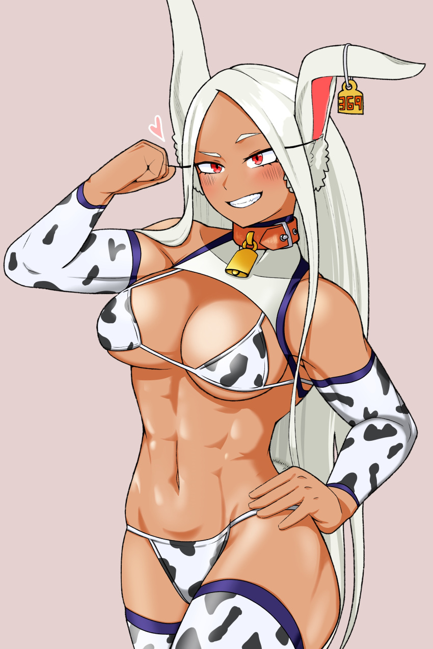 1girl absurdres animal_ears animal_print arm_up bangs bare_shoulders bell blush boku_no_hero_academia bra breasts cleavage clenched_hand collar cow_print cowbell dark-skinned_female dark_skin detached_sleeves ear_tag grey_background hand_on_hip heart highres large_breasts long_eyelashes long_hair mirko navel panties parted_bangs print_bra print_panties print_sleeves rabbit_ears rabbit_girl raised_eyebrow red_collar red_eyes ryuugu2000 smile solo stomach teeth thighhighs thighs toned underboob underwear white_hair