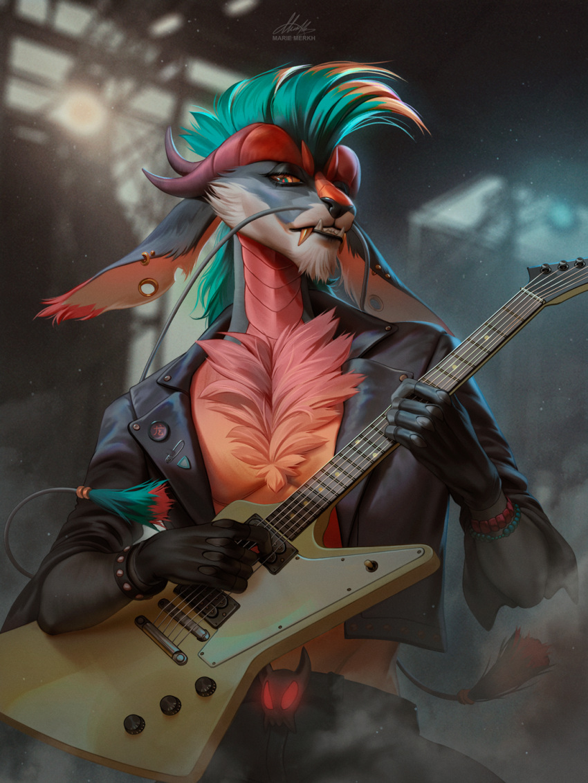 anthro artist_name black_clothing black_jacket black_nose black_topwear blue_eyes blue_hair blurred_background clothed clothing ear_piercing ear_ring ear_stud ear_tuft front_view fur gauged_ear gold_(metal) gold_tooth grey_body grey_fur hair hi_res holding_guitar horn inside jacket looking_at_viewer male marie_merkh multicolored_eyes orange_body orange_eyes orange_fur piercing red_body red_fur red_horn ring_piercing signature solo species_request topwear tuft two_tone_eyes white_body white_fur