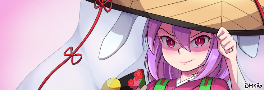 1girl animal_ears artist_name bmkro commentary_request hair_between_eyes hat hat_tip highres japanese_clothes portrait purple_eyes purple_hair rabbit_ears reisen_udongein_inaba signature smile solo spanish_commentary touhou v-shaped_eyebrows