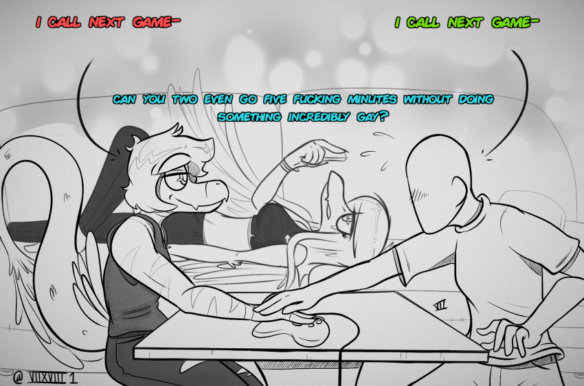 anon_(snoot_game) anthro bald blush bottomwear clothing controller dialogue dinosaur dromaeosaurid english_text fang_(gvh) featureless_face female furniture game_controller goodbye_volcano_high group hair hand_holding hi_res human humor long_hair long_snout lying male mammal markings monochrome on_back pterodactylus pterosaur reed_(gvh) reptile scalie seven_(artist) sexual_tension side_view snoot_game_(fan_game) snout sofa table text theropod torn_bottomwear torn_clothing trio velociraptor