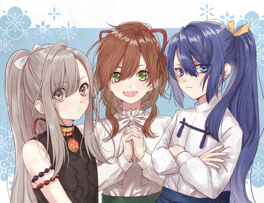 3boys amakusa_shirou_tokisada_(olympia_soiree) androgynous blue_eyes blue_hair brown_hair green_eyes grey_eyes grey_hair hair_ribbon high_ponytail highres himuka_(olympia_soiree) long_hair looking_at_viewer multiple_boys nanosuke_(nanonano9) olympia_soiree ponytail ribbon rikuu_(olympia_soiree)