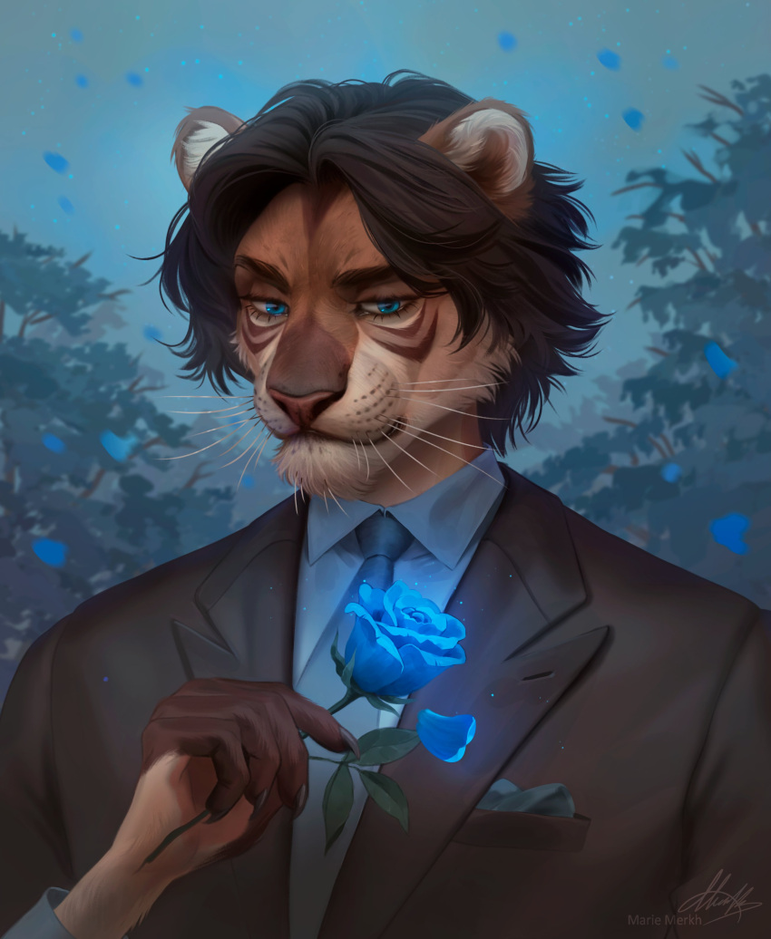 absurd_res anthro black_clothing black_hair black_jacket black_topwear blue_clothing blue_eyes blue_necktie blue_rose blue_topwear brown_body brown_fur bust_portrait cheek_tuft chin_tuft clothed clothing eyelashes facial_tuft felid flower front_view fur glistening glistening_eyes hair hi_res holding_flower holding_object holding_rose jacket lion looking_aside male mammal marie_merkh mouth_closed narrowed_eyes necktie outside pantherine plant portrait rose_(flower) solo tan_body tan_fur topwear tree tuft whiskers