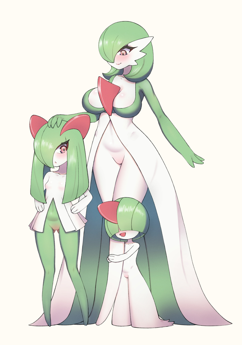 3girls :/ ass_visible_through_thighs bangs blunt_bangs blush bob_cut bowl_cut breasts closed_mouth collarbone colored_skin commentary_request evolutionary_line flat_chest full_body gardevoir green_hair green_skin hair_over_eyes hair_over_one_eye hanayon hands_on_hips happy highres hugging_own_legs kirlia large_breasts legs looking_at_another looking_down multicolored_skin multiple_girls no_pussy one_eye_covered open_mouth pokemon pokemon_(creature) ralts red_eyes short_hair simple_background small_breasts smile standing thighs two-tone_skin white_background white_skin