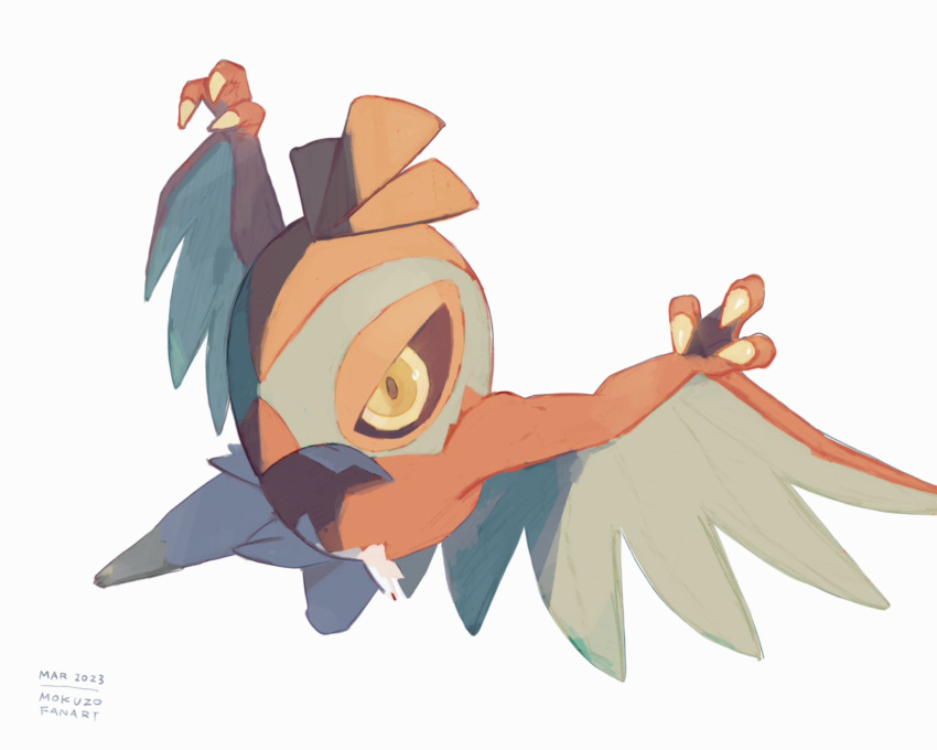 :&lt; claws closed_mouth commentary dated frown full_body hawlucha highres looking_at_viewer mokuzou_(moku_ssbu) pokemon pokemon_(creature) signature simple_background solo symbol-only_commentary white_background yellow_eyes