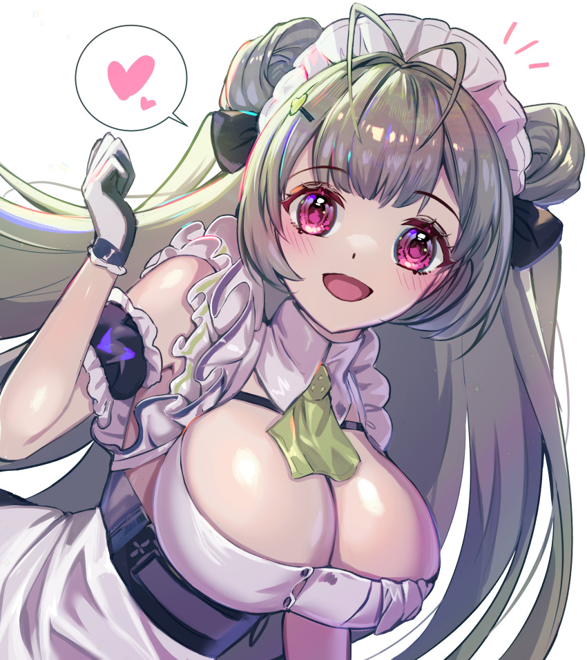 1girl :d absurdres antenna_hair apron arm_cuffs ascot black_gloves blush breast_strap breasts button_gap buttons cleavage double_bun frilled_apron frills gloves goddess_of_victory:_nikke green_ascot hair_bun hair_ornament hair_ribbon hairclip heart highres large_breasts leaning_forward light_green_hair long_hair maid maid_apron maid_headdress open_mouth pink_eyes raymond_busujima ribbon sleeveless smile soda_(nikke) solo two-tone_gloves upper_body very_long_hair white_apron white_gloves