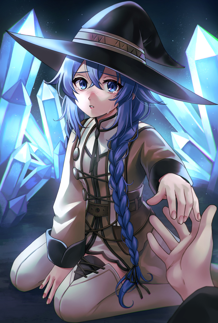 1boy 1girl absurdres bangs belt black_ribbon blue_eyes blue_hair boots braid breasts crossed_bangs crying crying_with_eyes_open crystal dress elisabetlis english_commentary fingernails glowing glowing_crystal hair_between_eyes hair_ribbon hat highres kneeling long_braid long_hair long_sleeves looking_at_viewer mushoku_tensei on_ground parted_lips pov ribbon roxy_migurdia rudeus_greyrat small_breasts spoilers tears thigh_boots twin_braids underground very_long_hair