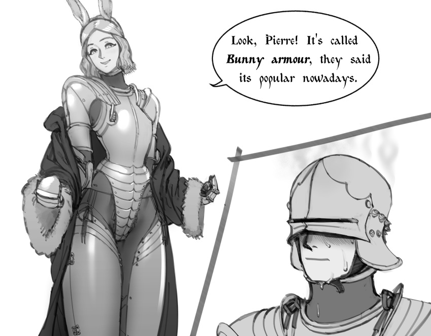 1boy 1girl absurdres animal_ears armor armored_boots blush boots breastplate cloak closed_mouth cowboy_shot english_text fake_animal_ears gauntlets grey_background helmet highres long_sleeves medieval original playboy_bunny rabbit_ears short_hair shoulder_armor smile speech_bubble sweat wassnonnam