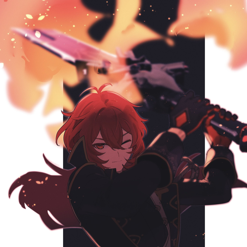 1boy bangs black_coat blurry blurry_background closed_mouth coat commentary_request diluc_(genshin_impact) fire genshin_impact gloves greatsword hair_between_eyes highres holding holding_sword holding_weapon long_hair long_sleeves looking_at_viewer male_focus one_eye_closed red_eyes red_hair sabi11riw simple_background solo sword upper_body weapon wolf's_gravestone_(genshin_impact)