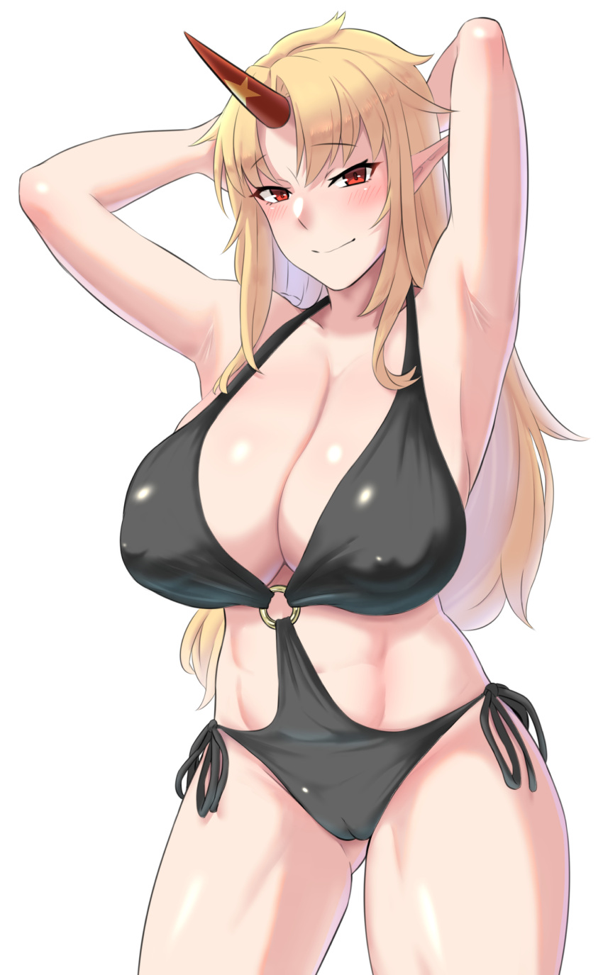 1girl abs alternate_costume armpits arms_behind_head bangs bikini black_bikini blonde_hair blush breasts bunsuirei cameltoe closed_mouth commentary_request covered_nipples highres horns hoshiguma_yuugi large_breasts long_hair looking_at_viewer o-ring o-ring_bikini parted_bangs red_eyes red_horns shiny_skin side-tie_bikini_bottom sidelocks simple_background single_horn smile solo star_(symbol) swimsuit touhou upper_body white_background