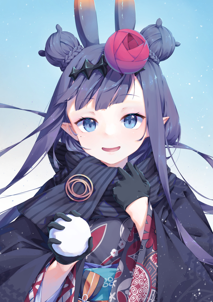 1girl absurdres aeon_ion animal_ears bangs black_gloves black_kimono black_scarf blue_eyes blunt_bangs braid braided_bun double_bun flat_chest floral_print flower furisode gloves hair_bun hair_flower hair_ornament haori highres holding_snowball hololive hololive_english japanese_clothes kimono long_hair long_sleeves looking_at_viewer mole mole_under_eye ninomae_ina'nis official_alternate_costume patterned_clothing pointy_ears print_kimono purple_hair scarf sidelocks snowball solo striped striped_scarf virtual_youtuber wide_sleeves