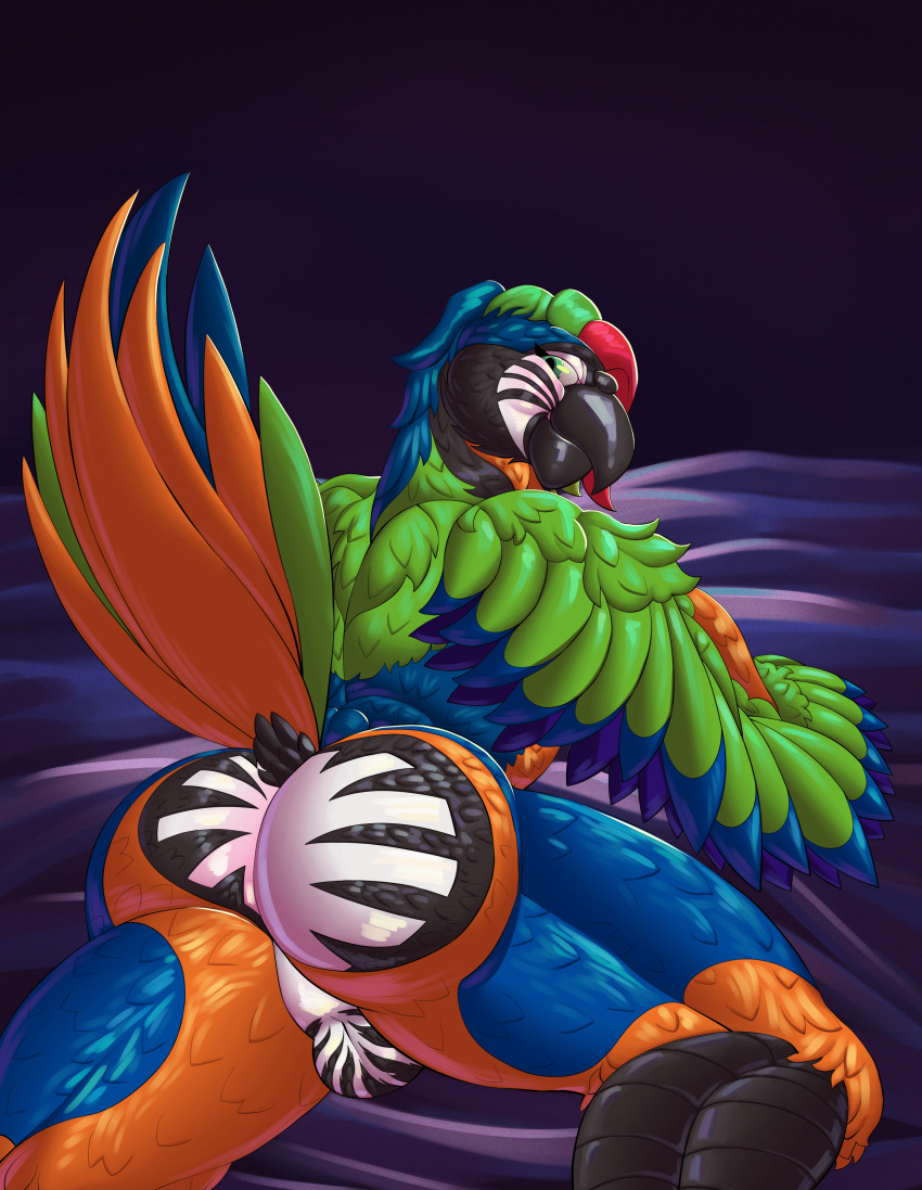 absurd_res angryrawcoon anthro avian azul_da_silva balls beak bird blush brazilian bubble_butt butt butt_grab colored dialogue disembodied_hand first_person_view fondling genitals ghost_hands green_eyes hand_on_butt hi_res looking_at_viewer macaw male neotropical_parrot parrot raised_tail shaded solo tail text true_parrot winged_arms wings