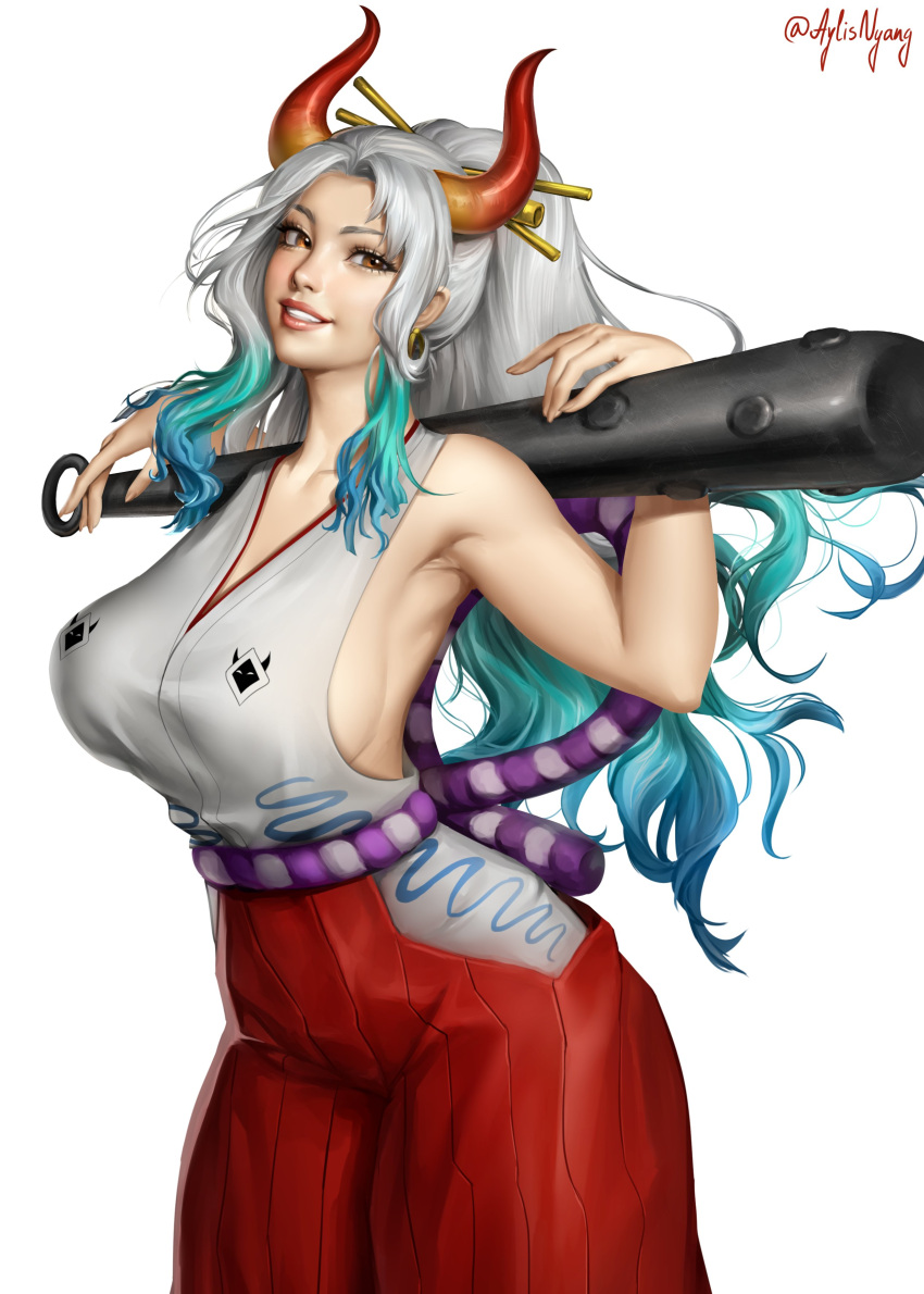 1girl absurdres armpits aylisnyan bare_arms bare_shoulders blue_hair breasts club_(weapon) collarbone cowboy_shot curled_horns earrings eyelashes green_hair grey_hair grin hair_ornament hair_stick hakama hakama_pants hands_up high_ponytail highres holding holding_weapon horns huge_breasts japanese_clothes jewelry kanabou kimono lips long_hair looking_at_viewer multicolored_hair multicolored_horns one_piece oni orange_eyes over_shoulder pants red_hakama red_horns rope shimenawa sideboob simple_background sleeveless sleeveless_kimono smile solo stomach twitter_username very_long_hair weapon weapon_over_shoulder white_background yamato_(one_piece) yellow_horns