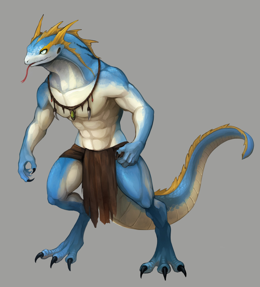 abs absurd_res anthro athletic athletic_anthro blue_body blue_scales blue_tail bottomwear brown_bottomwear brown_clothing brown_loincloth chimo205 claws clothed clothing digitigrade finger_claws fingers forked_tongue hi_res lizard lizardman loincloth multicolored_body multicolored_scales pecs red_tongue reptile scales scalie solo tail tongue tongue_out