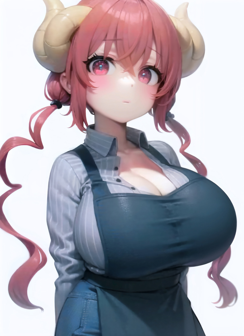 absurd_res animal_humanoid apron big_breasts bottomwear breasts cleavage clothed clothing curled_horn curved_horn denim denim_clothing dragon dragon_humanoid dress_shirt female fully_clothed hair hi_res horn huge_breasts humanoid ilulu jeans miss_kobayashi's_dragon_maid pants pink_eyes pink_hair shirt solo tight_clothing topwear wide_hips zen_gardener