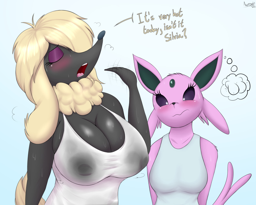 absurd_res an-tonio anthro anthrofied big_breasts blush breast_envy breast_size_difference breasts canid canine cleavage clothed clothing digital_media_(artwork) duo eeveelution espeon female feral fur furfrou generation_2_pokemon generation_6_pokemon hi_res mammal medium_breasts nintendo open_mouth pokemon pokemon_(species) shirt silvia_(an-tonio) topwear wet wet_clothing wet_shirt wet_topwear