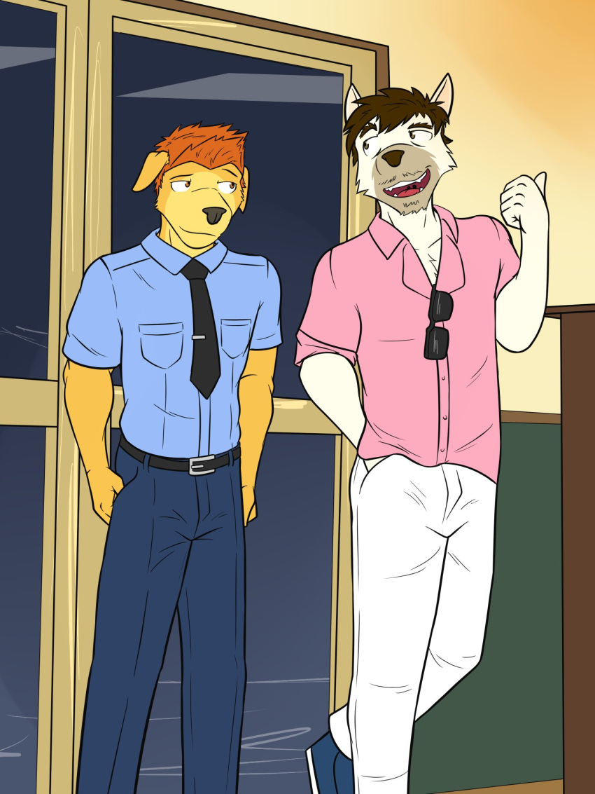 anthro belt bottomwear canid canine canis clothed clothing collared_shirt domestic_dog duo eyewear fully_clothed fuze hi_res male mammal necktie pants sunglasses sunglasses_on_shirt tie_clip wolfgang_(fuze)