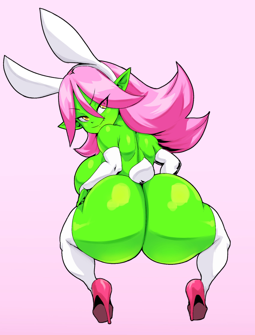 big_breasts big_butt breasts butt clothing dart_(thecon) female footwear goblin green_hair hair hi_res high_heels huge_butt humanoid legwear looking_at_viewer looking_back looking_back_at_viewer not_furry pink_hair smile solo thecon thigh_highs