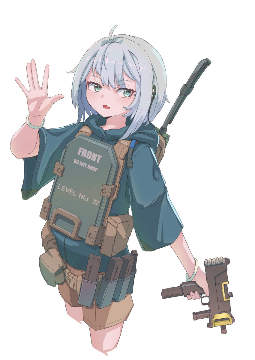 1girl absurdres bangs blue_hoodie blush brown_shorts cropped_legs fang green_eyes grey_hair gun hand_up highres holding holding_gun holding_weapon hood hood_down hoodie looking_at_viewer okapi_(yomaigoto) open_mouth original short_sleeves shorts simple_background solo weapon weapon_request white_background wide_sleeves