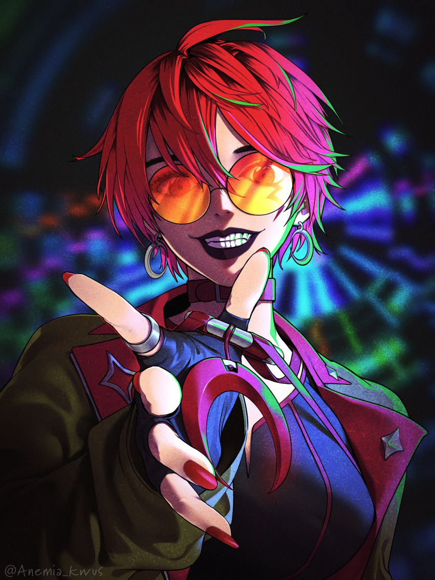 1girl anemia_kwus apex_legends bangs black_jacket black_lips black_shirt blurry blurry_background breasts crescent crescent_earrings earrings fingerless_gloves gloves highres jacket jewelry looking_at_viewer margo_(apex_legends) medium_breasts nail_polish o-ring orange-tinted_eyewear parted_lips portrait red_eyes red_nails round_eyewear shirt short_hair smile solo strap_pull sunglasses tinted_eyewear twitter_username