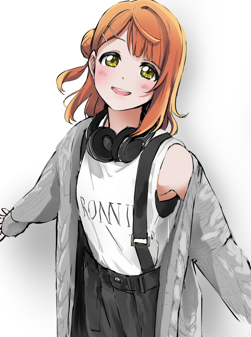 1girl bangs blush commentary hair_bun hanamaruyama628 headphones headphones_around_neck highres looking_at_viewer love_live! love_live!_nijigasaki_high_school_idol_club medium_hair multiple_hairpins oonishi_aguri orange_hair single_side_bun single_sidelock smile solo suspenders uehara_ayumu upper_body voice_actor_connection white_background yellow_eyes