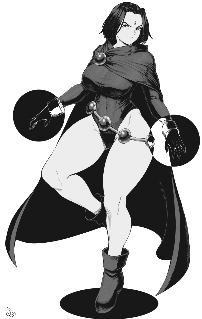 1girl absurdres bare_legs black_leotard boots breasts cape covered_navel dc_comics forehead_jewel full_body highleg highleg_leotard highres large_breasts legs leotard looking_at_viewer monochrome raven_(dc) short_hair signature solo speedl00ver taut_leotard teen_titans thick_thighs thighs wrist_cuffs