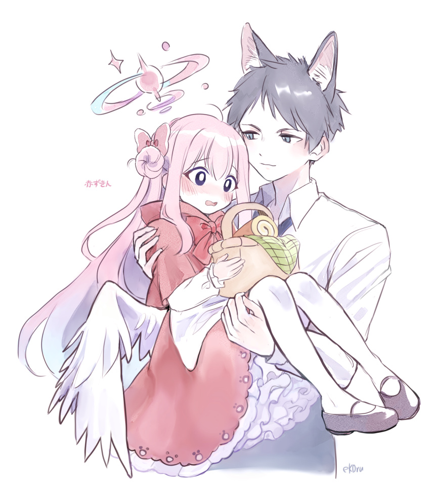 1boy 1girl angel_wings animal_ears basket black_hair blue_archive blush cake capelet carrying carrying_person collared_shirt cosplay dress ekoru feathered_wings food grey_eyes hair_bun halo highres hood hood_down little_red_riding_hood little_red_riding_hood_(grimm) little_red_riding_hood_(grimm)_(cosplay) long_hair looking_at_another low_wings mary_janes mika_(blue_archive) open_mouth pantyhose petticoat pink_hair princess_carry red_capelet red_dress sensei_(blue_archive) shirt shoes simple_background single_side_bun swiss_roll very_long_hair white_background white_pantyhose white_shirt white_wings wings wolf_boy wolf_ears