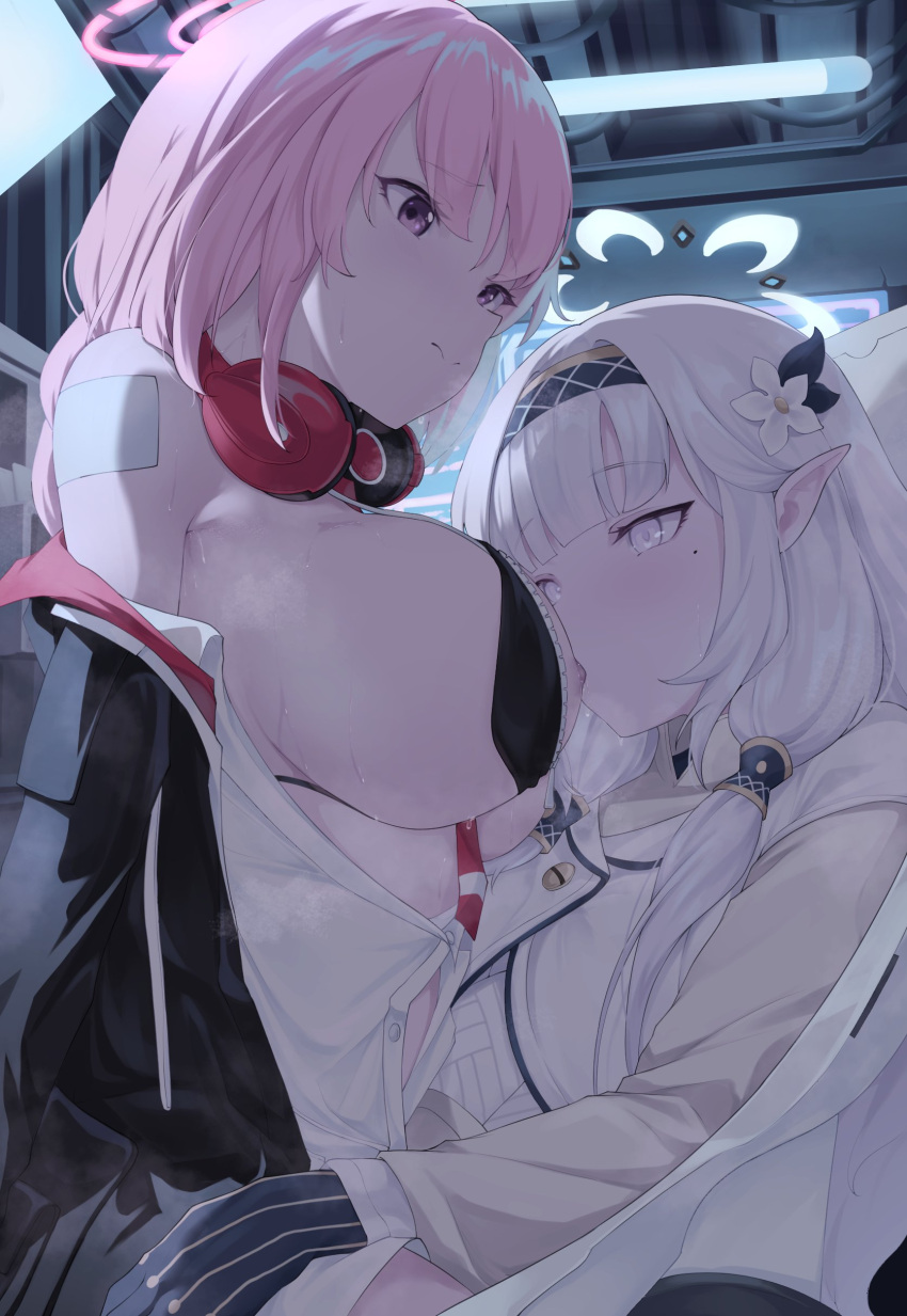 2girls absurdres between_breasts black_jacket blue_archive braid breast_sucking breasts closed_mouth commission eimi_(blue_archive) english_commentary flat_chest flower gloves gueya hair_flower hair_ornament hairband halo headphones headphones_around_neck highres himari_(blue_archive) holographic_monitor indoors jacket large_breasts long_sleeves looking_at_another mole mole_under_eye multiple_girls necktie necktie_between_breasts nipples off_shoulder pink_eyes pink_hair pointy_ears sitting sitting_on_lap sitting_on_person steaming_body sweat unzipped wavy_mouth white_eyes white_hair yuri zipper zipper_pull_tab