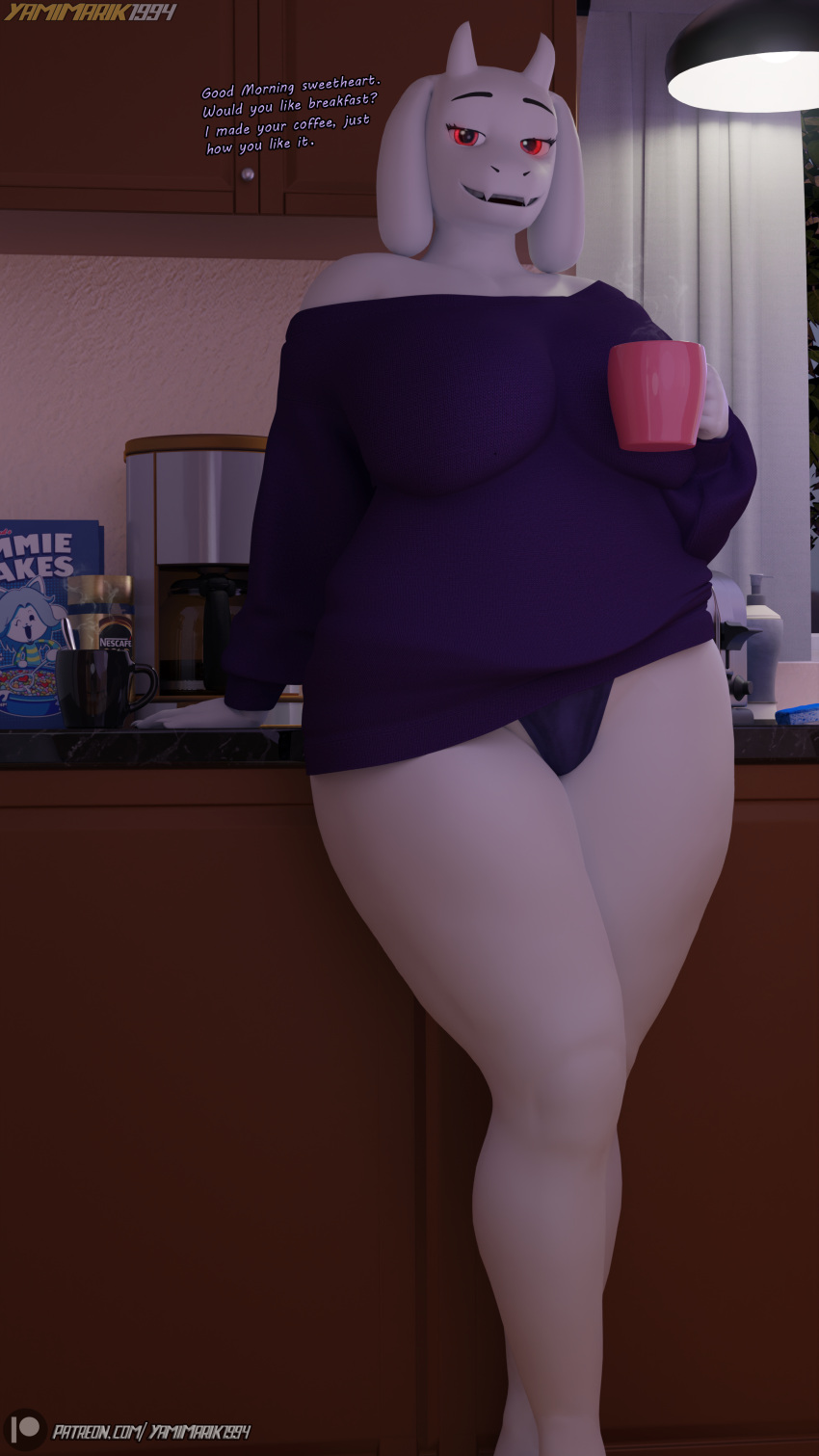 3d_(artwork) absurd_res anthro artist_name beverage big_breasts boss_monster bovid breasts caprine clothed clothing curvy_figure dialogue digital_media_(artwork) english_text eyebrows eyelashes female floppy_ears half-closed_eyes hi_res horn huge_breasts inside long_ears mammal mature_anthro mature_female mug narrowed_eyes open_mouth panties patreon red_eyes solo standing sweater temmie_(undertale) text thick_thighs topwear toriel undertale undertale_(series) underwear url voluptuous wide_hips yamimarik1994