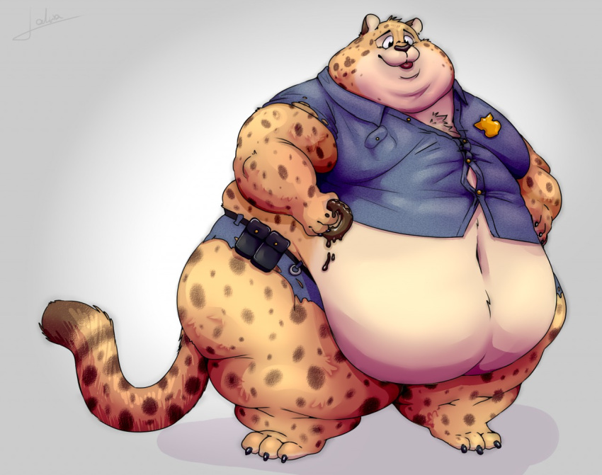 anthro belly belly_overhang benjamin_clawhauser big_belly blep cheetah chubby_cheeks claws clothed clothing dessert disney double_chin doughnut felid feline food fur holding_food holding_object lakalando male mammal moobs navel obese obese_anthro obese_male overweight overweight_anthro overweight_male police_uniform smile solo spots spotted_body spotted_fur standing straining_buttons thick_thighs toe_claws tongue tongue_out torn_clothing uniform wide_hips yellow_body yellow_fur zootopia