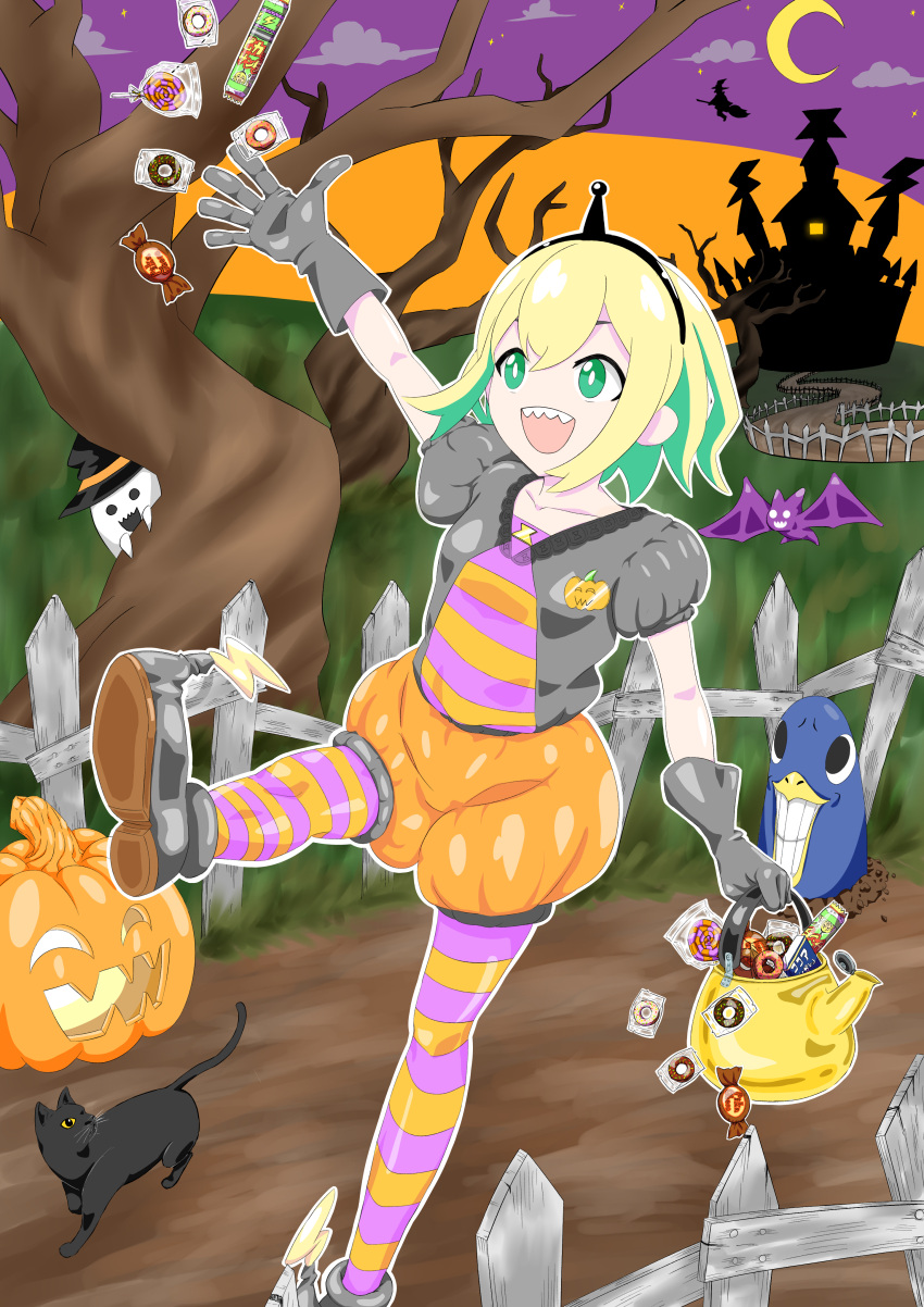 1girl absurdres amano_pikamee bare_tree black_gloves black_hairband blonde_hair boots candy castle cat collarbone colored_inner_hair commentary crescent_moon english_commentary fence food ghost gloves grass green_eyes green_hair gyari_(bird) hairband halloween highres holding jack-o'-lantern kettle matsuta6 moon multicolored_hair night open_mouth orange_pantyhose orange_shirt pantyhose pointy_footwear puffy_short_sleeves puffy_sleeves pumpkin_pants purple_pantyhose purple_shirt sharp_teeth shirt short_hair short_sleeves standing standing_on_one_leg teeth throwing tree two-tone_hair virtual_youtuber voms witch