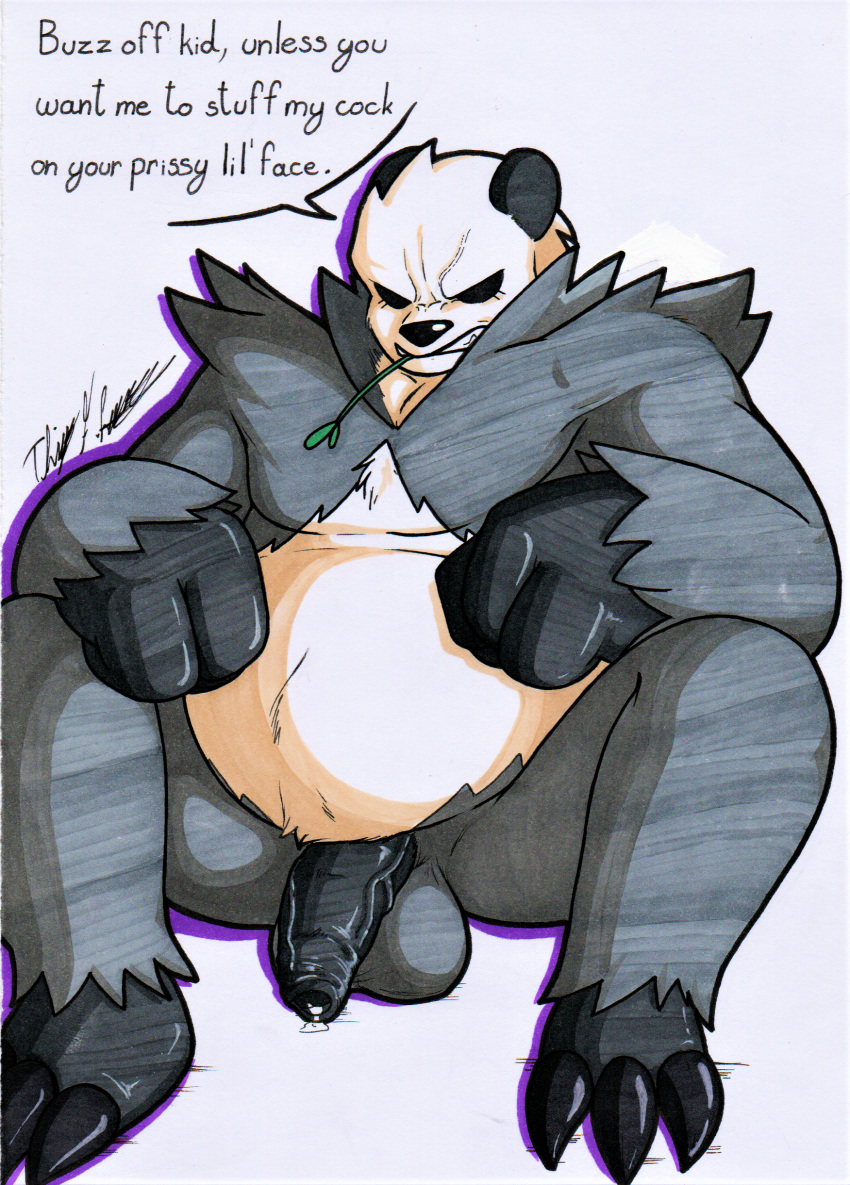 absurd_res anthro balls bear belly black_body bodily_fluids dialogue fur generation_6_pokemon genital_fluids genitals hi_res male mammal moobs nintendo overweight overweight_male pangoro pokemon pokemon_(species) rotten_owl simple_background solo traditional_media_(artwork) white_background white_body white_fur