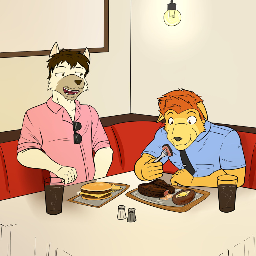 anthro beef beverage burger canid canine canis clothed clothing collared_shirt container cup domestic_dog drinking_glass duo eating eyewear food fully_clothed fuze glass glass_container glass_cup hi_res male mammal meat necktie restaurant sitting steak sunglasses sunglasses_on_shirt tie_clip wolfgang_(fuze)