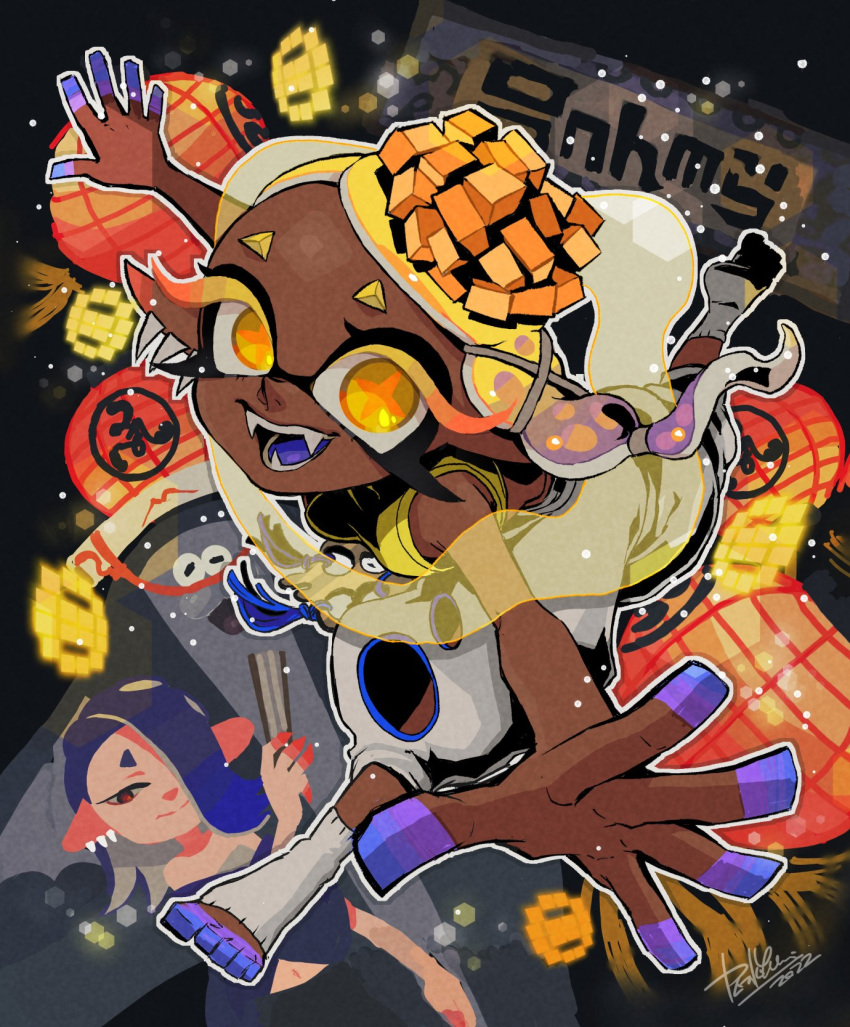 2girls asymmetrical_hair baggy_pants bare_shoulders big_man_(splatoon) blonde_hair colored_skin colored_tongue commentary_request dark-skinned_female dark_skin dated earrings eyelashes fangs floating_hair food food-themed_hair_ornament forehead frye_(splatoon) gradient_hair hair_ornament harem_pants highres isamu-ki_(yuuki) jewelry lantern looking_at_viewer medium_hair multicolored_hair multicolored_skin multiple_earrings multiple_girls open_mouth outline outstretched_arms pants paper_lantern pointy_ears poncho purple_hair purple_skin purple_tongue round_teeth shirt shiver_(splatoon) short_eyebrows signature sleeveless sleeveless_shirt smile socks splatoon_(series) splatoon_3 spread_arms star-shaped_pupils star_(symbol) symbol-shaped_pupils teeth tempura tentacle_hair toeless_legwear tongue white_outline white_pants white_socks yellow_eyes yellow_shirt
