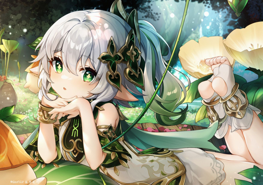 1girl aranara_(genshin_impact) bare_shoulders bloomers bracelet colored_tips cross-shaped_pupils day detached_sleeves dress elbow_rest feet flower full_body genshin_impact gradient_hair grass green_eyes green_hair green_sleeves guzangnanfeng hair_between_eyes hair_ornament hand_on_own_chin head_rest highres jewelry leaf_hair_ornament legs_up long_hair lying multicolored_hair nahida_(genshin_impact) nature no_shoes on_stomach open_mouth outdoors short_dress short_sleeves side_ponytail sidelocks sleeveless sleeveless_dress socks soles solo stirrup_legwear symbol-shaped_pupils toe_scrunch toeless_legwear toes twitter_username two-tone_hair underwear white_bloomers white_hair white_socks yellow_flower
